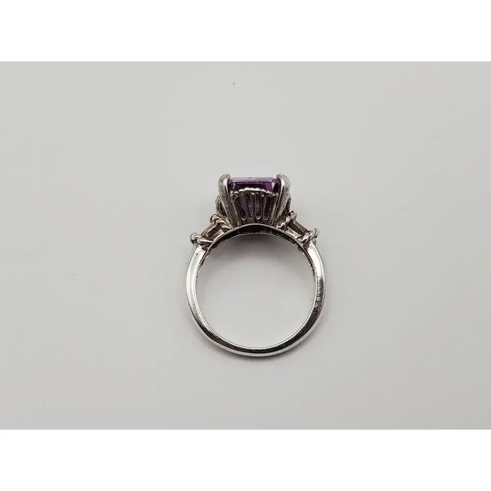 925 Sterling Silver Vintage Emerald-Cut Purple CZ Ring Size 8